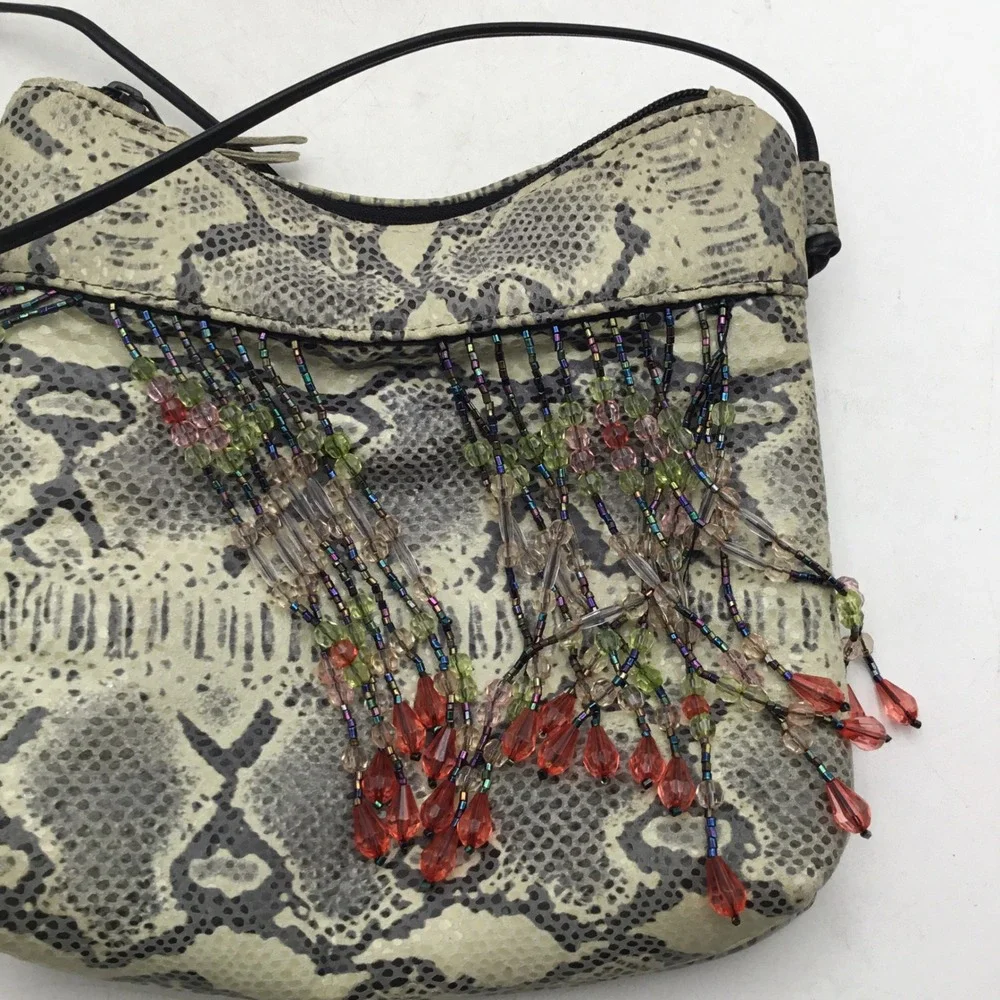 Paul Joseph Handbags Snakeskin Print Leather Beaded Fringe Crossbody‎ Bag Grey